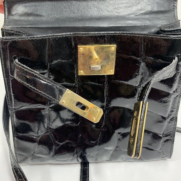 Meyers Black Patent Leather Purse Moc Croc Made ITALY Shoulder Handbag VTG - Picture 11 of 13